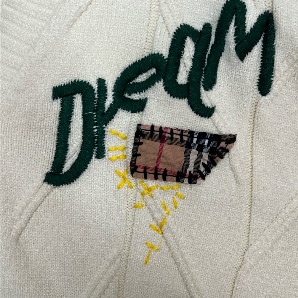 Womens Cardigan Size Cream Oversize Varsity Patchwork Embroidery Whimsical Retro - Picture 6 of 12